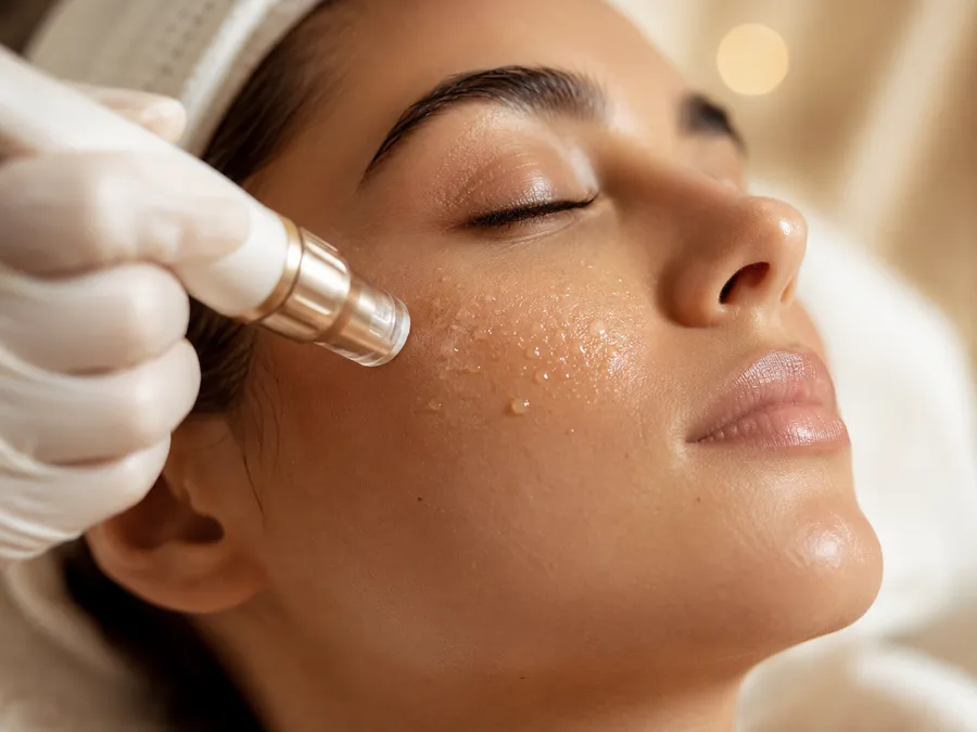 Microneedling-Behandlung im Gesicht mit Needling-Pen und Serum