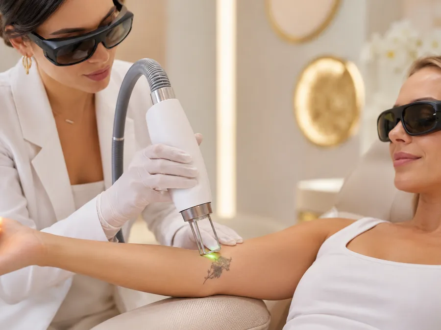Tattooentfernung mit Picolaser am Unterarm, beide mit Schutzbrillen